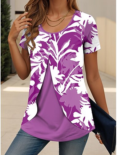  Damen T Shirt Blumen Grafik Elegant Vintage Trendy Kurzarm Rundhalsausschnitt Normale Oberteile Täglich Ausgehen Patchwork Knöpfe Gestuft Blau Purpur Grün Sommer Frühling