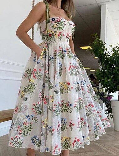  A-Linie Quinceanera-Kleider Elegant Kleid Hochzeit Hochzeitsgast Knöchellänge Ärmellos Rundausschnitt Polyester Rückenfrei mit Blumenmuster 2025
