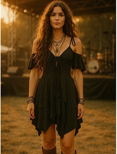  Dames Boho Jurk Western Jurk Vintage Mini Jurk A-lijn Jurk Slips Jurk Off The Shoulder Jurk Casual Buiten Uitgaan Strand Standaard Fit Effen Kleur Korte Mouw Spaghetti Band Zwart Zomer