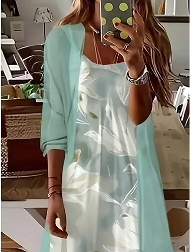  Maxikleid für Frauen Kleid Set Maxikleid A-Linie Kleid Sommerkleid Urlaub Boho Floral Gestuft Druck 3/4-Länge Ärmel Rundhalsausschnitt Outdoor Alltag Hellgrün Sommer Frühling Lockere Passform