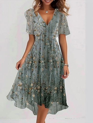  Damen Midikleid Cocktailkleid Chiffonkleid Blumenkleid Mode Modern Urlaub Ferien Teegesellschaft Normale Passform Blume Kurzarm V Ausschnitt Blau Hellgrün Rote Marineblau Sommer