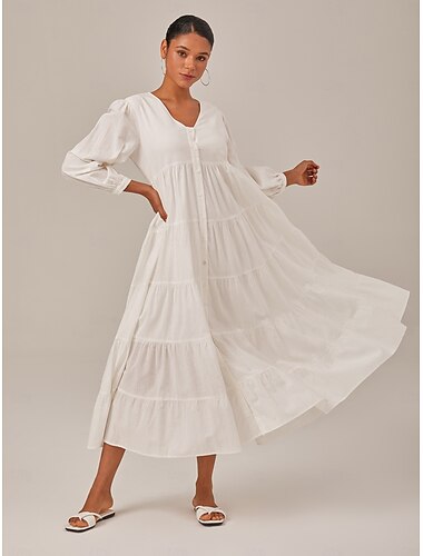  Femme Robe ample Vêtements de villégiature Blanche manche longue Couleur unie / unie Longue Printemps & Automne Col V Plage Vacances XS S M