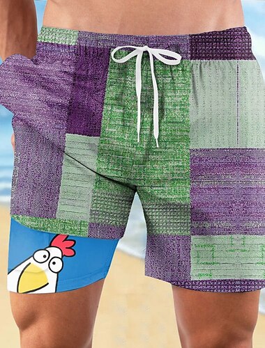  Men's Color Block Rooster Funny Lined Shorts 2 in 1 Board Shorts Swim Shorts Mid Waist Hawaiian Vacation Holiday Beach Wear Side Pockets With Compression Liner Elastic Drawstring Waist Designer