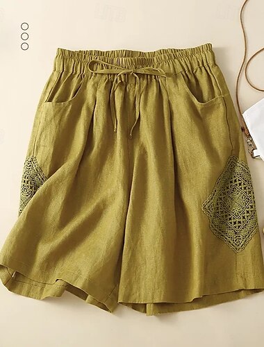  Mujer Pantalones cortos inspirados en el lino Pantalón corto pantalones Ropa de calle Casual Corto Cintura Media Plano Bolsillo Diseño de cordón elástico Confortable Cómodo Calle Festivos Casual