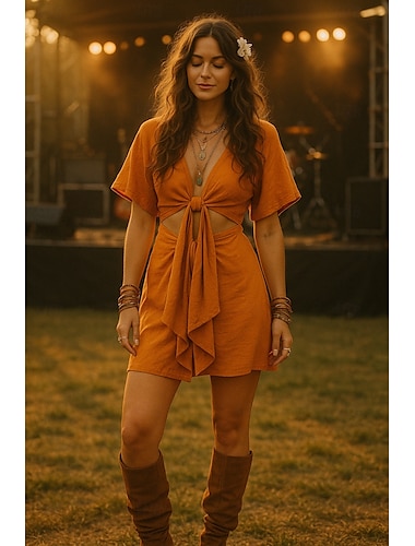  Robe Boho Femme Robe Western Robe Vintage Mini Robe A Ligne Robe Casual Extérieur Plage Coupe Régulière Couleur Unie Manches Mi-Longues Bretelles Fines Orange Été Printemps