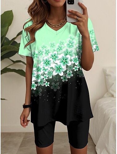  Set da donna a 2 pezzi moda t-shirt pantaloni corti a maniche corte scollatura a V stampa floreale grafica casual quotidiano rosa blu verde estate vestibilità regolare