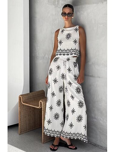  Ensemble de 2 pièces Mode Streetwear Quotidien Pantalons Sans manches Col ras du cou Imprimé graphique Paisley Cordons Vacances Décontracté Quotidien Blanc Été Coupe décontractée