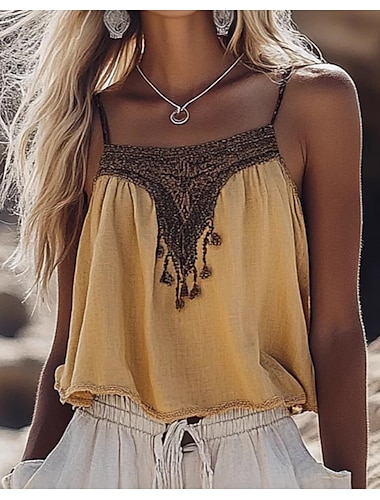 Dam Camisole linne Blommig bohemliv Dagligen Etnisk Ärmlös Axelband Vanliga toppar Dagligen Rynkad Broderad Mönster Gul Sommar Vår