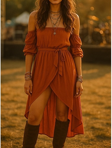  Robe boho pour femmes Robe western Robe vintage Midi robe Robe portefeuille Robe en A Robe décolletée Vacances Décontractée Boho Extérieur Sortie Plage Coupe régulière Couleur unie Manches 1/2 Sans