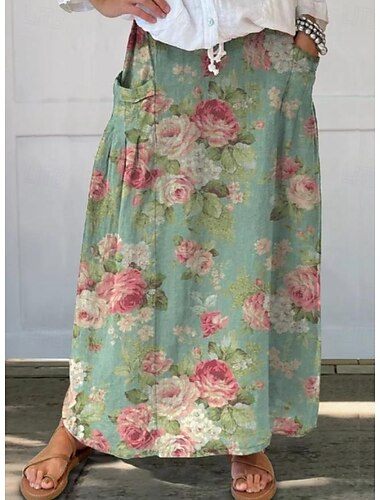  Jupe Femme Jupe Maxi Jupe Lâche Bohème style grand-mère côtier Ethnique Lin Décontractée Jupe Maxi Taille Mi Haute Imprimé Floral Micro-élastique Rue Quotidienne Jaune Clair Rose Cendré Bleu Ciel Été