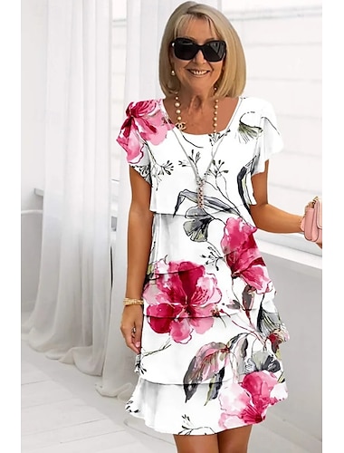  Femmes Robe Midi Robe d'été Robe Imprimée Élégant Quotidien Coupe régulière Fleuri Géométrique Manche Courte Col ras du cou Jaune clair Rose Claire Rose vif Rose Claire Été