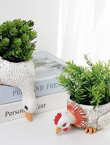  Pots de fleurs en résine, figurine pour plantes succulentes, coq et canard, décoration de jardin, décoration intérieure et extérieure de style simple, pots de plantes succulentes en forme d'animaux