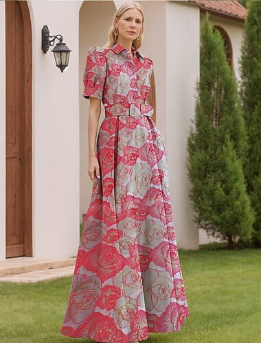  Jacquard-Brokat-Blumenblau-A-Linie-Abendkleid, elegantes Kleid, formelle Hochzeit, bodenlang, kurzärmelig, Hemdkragen, Nylon mit Schlitztasche, 2025