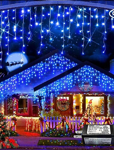  1 paquete de luces navideñas de carámbano, 10 m, 400 LED, 8 modos y temporizador con 60 gotas, luces navideñas de carámbano con temporizador, luces de cadena para exteriores conectables a prueba de