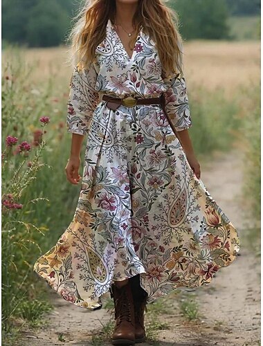  Dames Boho Jurk Westelijke Jurk Vintage Maxi Jurk Zomerjurk Plissé Jurk Vakantie Casual Boho Uitgaan Strand Grafisch Paisley Tribe 3/4 Mouw V-hals Zwart Roze Blauw Oranje Zomer Lente
