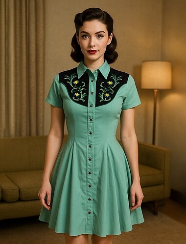  Rétro Vintage Années 1950 Mini Robe trapèze Robe chemise Cowgirl Bouton vers le bas Impression 3D Femmes Mascarade Vacances Occasionnel Fête du thé Adulte Robe Été