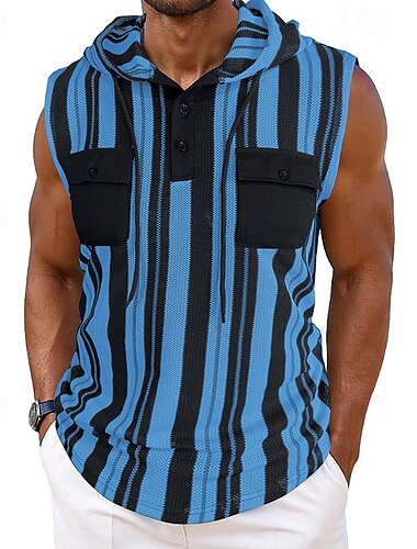  Herre Tanktop Vest Top Underskorte Ærmeløs skjorte Uden ærmer Hætte Sommer Stribet Mode Designer Basale Lomme Ferierejse Gade I-byen-tøj Sort Blå Mørkeblå Top T-shirt til mænd