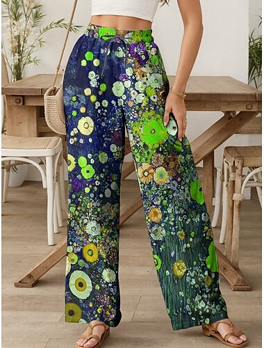 Damen Weites Bein Chinos Baggy-Hosen Urlaub Vintage Mode Volle Länge Hohe Taille Blumen Grafik Drucken Atmungsaktiv Weich Mikroelastisch Formell Urlaub Straße Apfel Grün Hellgelb Kirschrot Sommer
