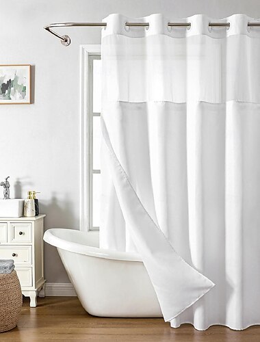  No Hooks Linen Looking Shower Curtain 180cm with Snap-in Fabric Liner Set, Hotel Luxury Decor Shower Curtains for Bathroom with See Through Top Window, Waterproof & Washable