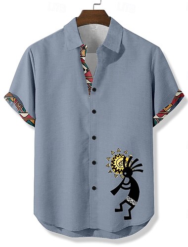  Herren Sonne Ethnisch Kokopelli Hemd Sommerhemd Knopfhemd Kurzarm Vintage-Retro Urlaub Alltagskleidung Strandbekleidung Sommer Frühling Umlegekragen 3D-Druck Leinenähnliches Hemd Blau Grün Khaki