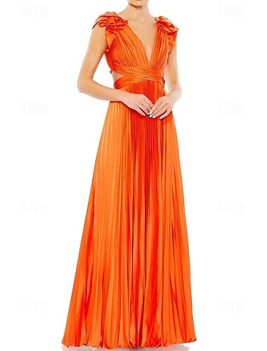  Pinkes Kleid A-Linie Abendkleid Faltenkleid formelle Hochzeit bodenlang ärmellos tiefer Ausschnitt Satin mit Rüschen 2025