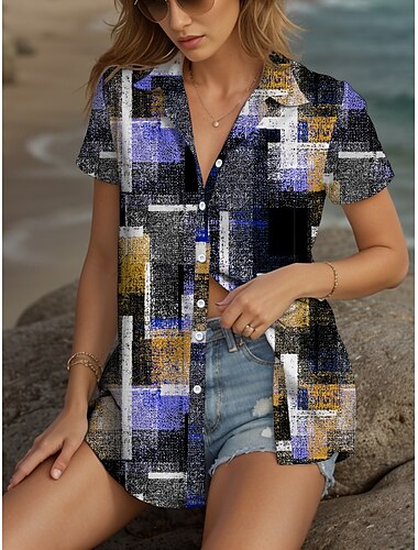  Mujer Camisa Graphic Geométrico Vintage Tropical Diario Manga Corta Casquillo Cuello Camisero Tops regulares Diario Amarillo Rojo Azul Piscina Morado Verano Primavera