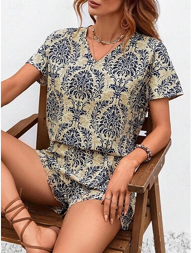  Set di pantaloni 2 pezzi moda streetwear da donna set di pantaloni corti maniche corte collo a V grafica floreale casual quotidiano spiaggia blu marrone verde estate vestibilità regolare