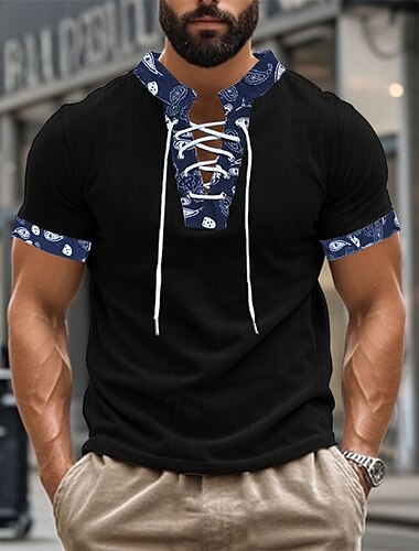  Homens Camiseta Camiseta de Veludo Camisa Henley Camisetas Manga Curta Henley Verão Bloco de cor Moda Designer Básico Cordões Patchwork Férias Rua Para Noite Adamascado Preto Marron Top Tee para