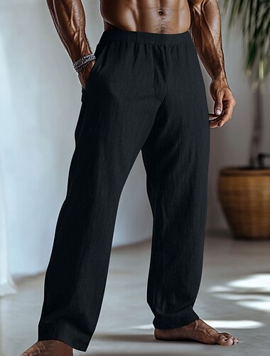  Herren Leinenhosen Hose Sommerhose Baggy-Hosen Elastischer Bund Gerader Schnitt Einfach Komfort Atmungsaktiv Volle Länge Heim Yoga Täglich Mode Klassicher Stil Schwarz Hellgrün