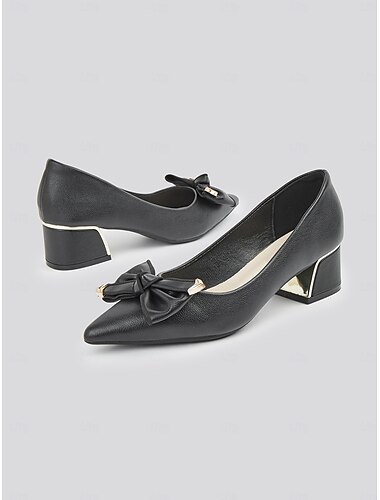  dams svarta spetsiga chunky hälpumps med pilbåge och metalldekor – elegant kontorsstil för professionella damer vid affärstillfällen