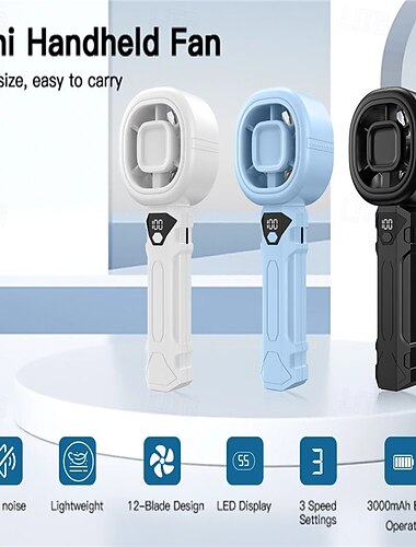  LED表示付き充電式ハンドヘルドファン、3000mAhバッテリー、Type-C急速充電、3段階ブラシレスモーター、軽量静音デスク＆ポータブルパーソナルファン、旅行オフィス屋外用