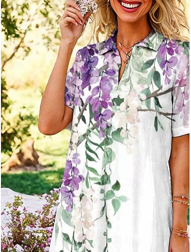  Damen Midikleid Hemdblusenkleid A Linie Kleid Urlaub Lässig Party Cocktailparty Date Normale Passform Ombre Blumen Grafik Kurzarm Hemdkragen Lila Sommer