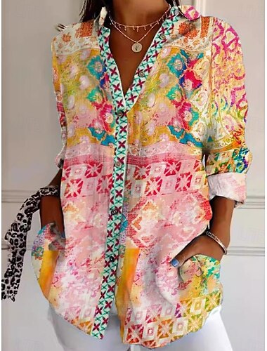  Femmes Chemise Fleuri Graphique Géométrique Occasionnel manche longue Col de chemise Hauts Réguliers Travail Quotidien Boutons Imprimé Blanche Rose Claire Bleu Ciel Vert Rose Printemps Automne Hiver