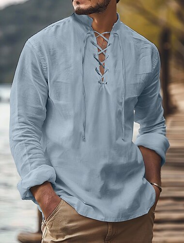  Herren Hemd leinenhemd Wikinger-Stil Sommerhemd Strandbekleidung Piratenhemd Einfarbig Urlaub Ferien Weiß Marineblau Himmelblau Grün Langarm Stehkragen Sommer Frühling Bekleidung Kordelzug