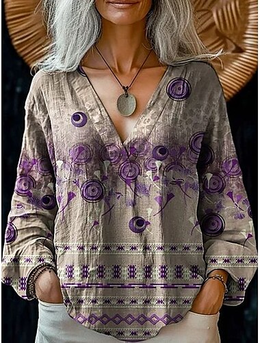  Damen T Shirt Pflanzen Lässig Langarm V Ausschnitt Normale Oberteile Täglich Wochenende Druck Rosa Blau Purpur Grau Frühling Herbst