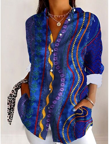  Per donna Camicia Grafico Geometrico Casual Manica Lunga Colletto a Camicia Top Regolari Lavoro Quotidiano Bottoni Stampato Blu Viola Fucsia Verde Primavera Autunno Inverno
