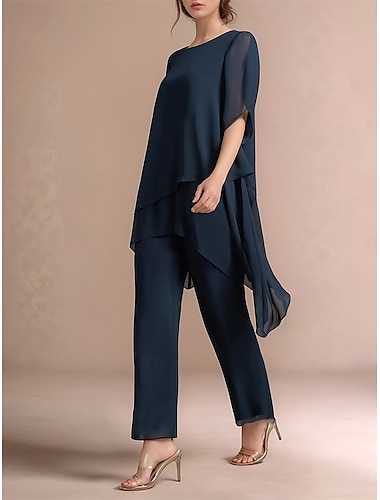  Hosenanzug Brautmutterkleid Elegant Hemdkragen Asymmetrisch Chiffon Kurzarm mit Einfarbig 2025