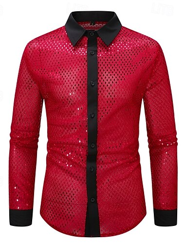  Men's Shirt Casual Shirt Button Up Shirt Prom Shirt Disco Shirt White Pink Red Long Sleeve Sequin Lapel Performance Party Evening Wear Sequins Clothing Apparel Fashion Trendy