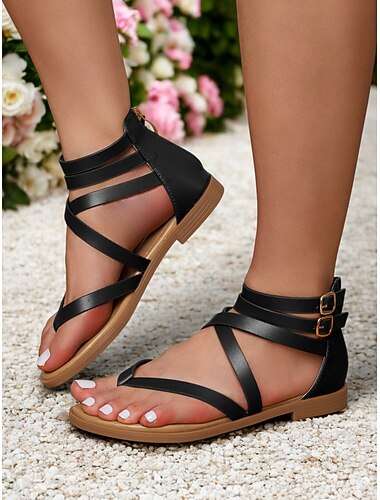  Zwarte gladiator platte sandalen voor dames | enkelband zomerschoenen met bandjes voor strand- en casual outfits