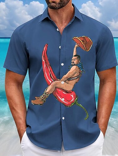  Herren Lustig Cowboy Pfeffer Hemd Sommer Hawaiihemd Knopfhemd Kurzarm Hawaiianisch Resort Urlaub Ferien Strandbekleidung Sommer Frühling Umlegekragen 3D-Druck Hemden mit Kragen Rosa Blau Khaki