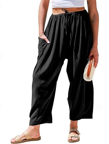  Damen Weites Bein Hosen Hose Urlaub Mode Volle Länge Mittlere Taille Einfach Elastischer Bund Atmungsaktiv Bequem Mikroelastisch Straße Alltagskleidung Ausgehen Dunkelbraun Schwarz Weiß Armeegrün