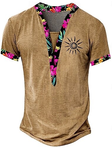  Herren Stammes T Shirt Henley Hemd T-Shirt Kurzarm Designer Basic Ethnisch Outdoor Lässig Täglich Sommer Grün Leicht Braun Khaki Henley Henley T-Shirt