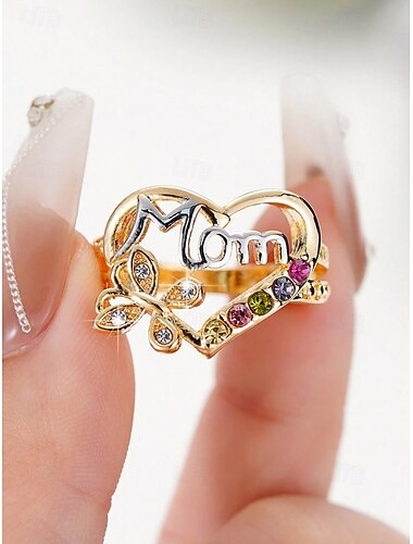 Damenring „Mama“ in Herzform aus Gold mit bunten Kristallen und Schmetterlingsakzent – Schmuck zum Muttertag, sentimentaler Stil