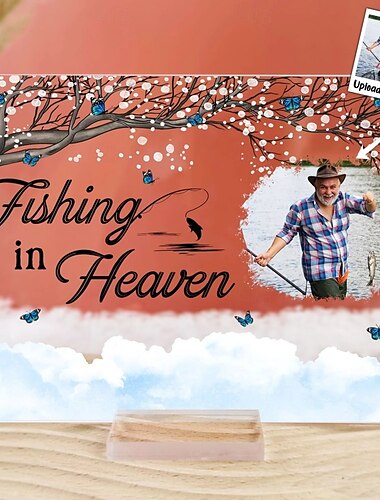  Personalisierte Gedenkfototafel mit Sockel, individuelles Acryl-Kondolenzgeschenk für Angler, Bilderrahmen „Angeln im Himmel“, Erinnerung an geliebte Menschen