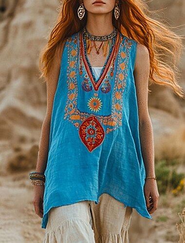  Damen Westernbluse Boho-Hemd Bluse Blume Lässig Boho Ärmellos V Ausschnitt Normale Oberteile Ferien Ausgehen Druck Asymmetrischer Saum Rote Blau Sommer