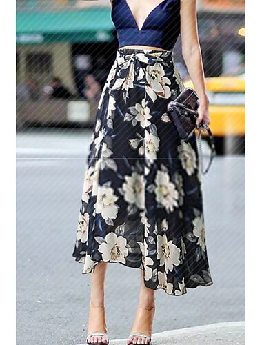  Femmes Jupe Évasé Occasionnel Maxi Taille Basse Jupes Fleuri Imprimé Micro-Élastique Vacances Sortir Noir Blanche Rose Bleu Été Polyester