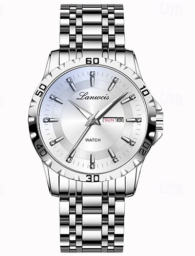  ファッショナブル メンズ クォーツ時計 シンプルなラウンドダイヤル デュアルカレンダー 輝光 防水 スチールストリップウォッチ ビジネスウォッチへの贈り物におすすめ