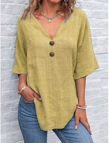  Mujer Tops de verano Diario Media Manga Escote en Pico Tops regulares Amarillo Azul Real Verde Trébol Gris Claro Gris Oscuro Verano