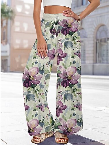  Women's Wide Leg Chinos Baggy Pants Fashion Streetwear Casual Full Length High Waist Floral Flag Feather Elastic Waistband Printing Comfy Soft Comfortable Micro-elastic Outdoor Street