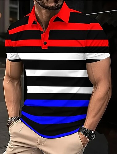  Herr Horisontella Strips Polo Kortärmad Polotröjor Skjortor med krage Business Casual Skola Utomhus Dagliga kläder 3D-utskrift Sommar Rubinrött